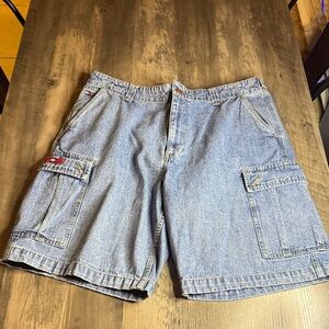 Vintage 90s Y2K Tommy Hilfiger Light Blue Denim Cargo Shorts
